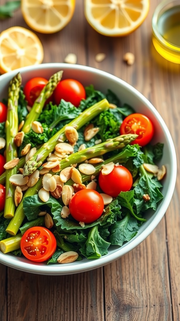 A fresh asparagus and kale salad with cherry tomatoes and almonds in a bowl on a wooden table.